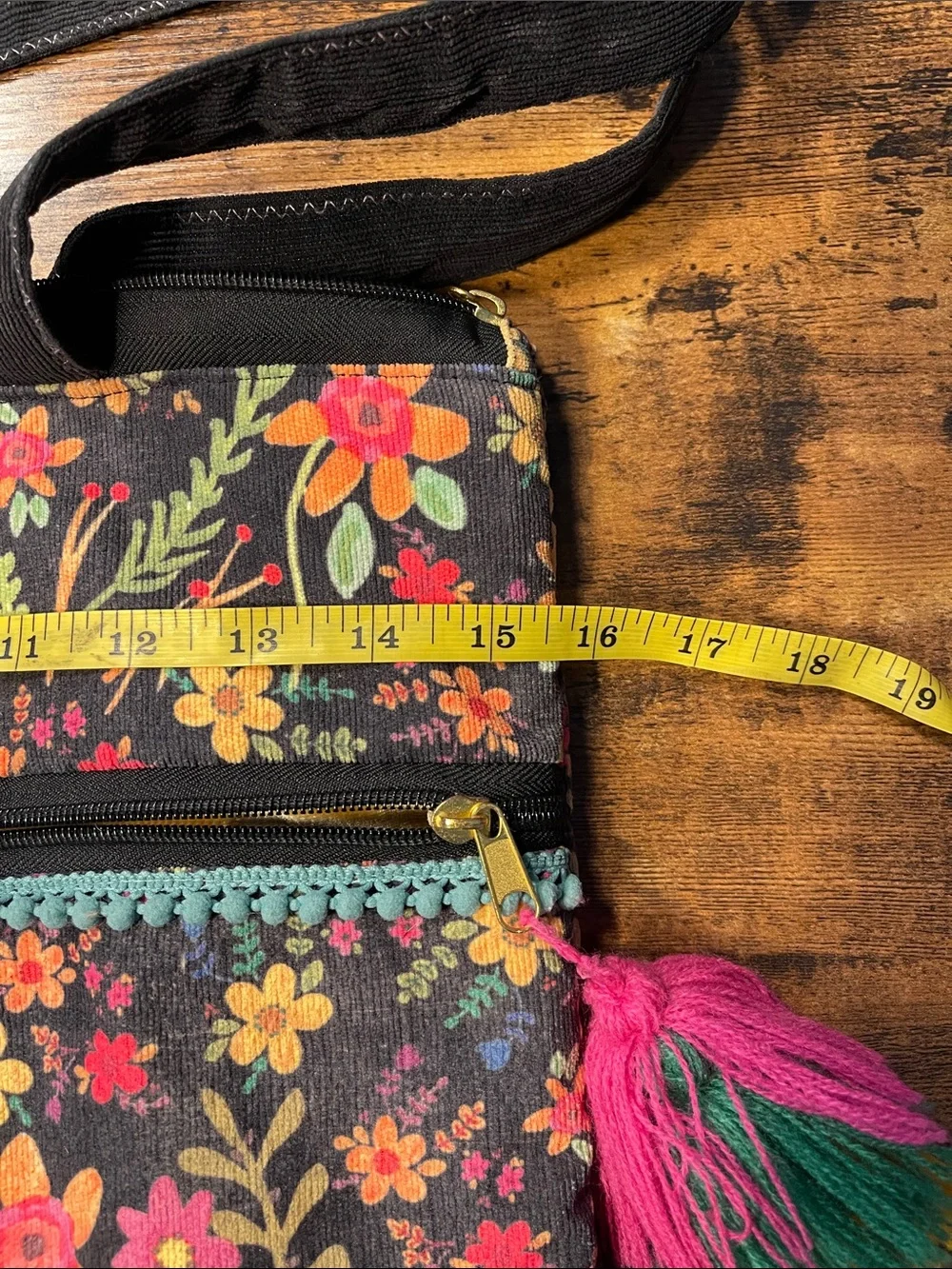 Natural Life Floral Canvas Padded Tote Bag with Tassel - Black Multi
